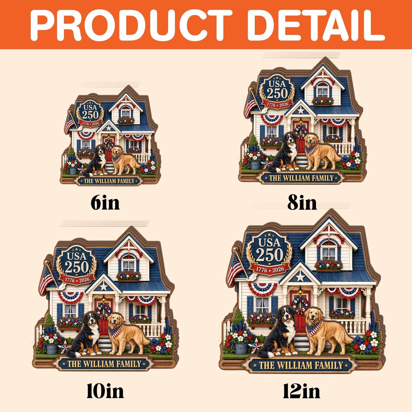 Personalized USA 250 Dog Family Wooden Block, Custom Patriotic Pet House Decor, 1776 2026 Family Name Shelf Sign Gift
