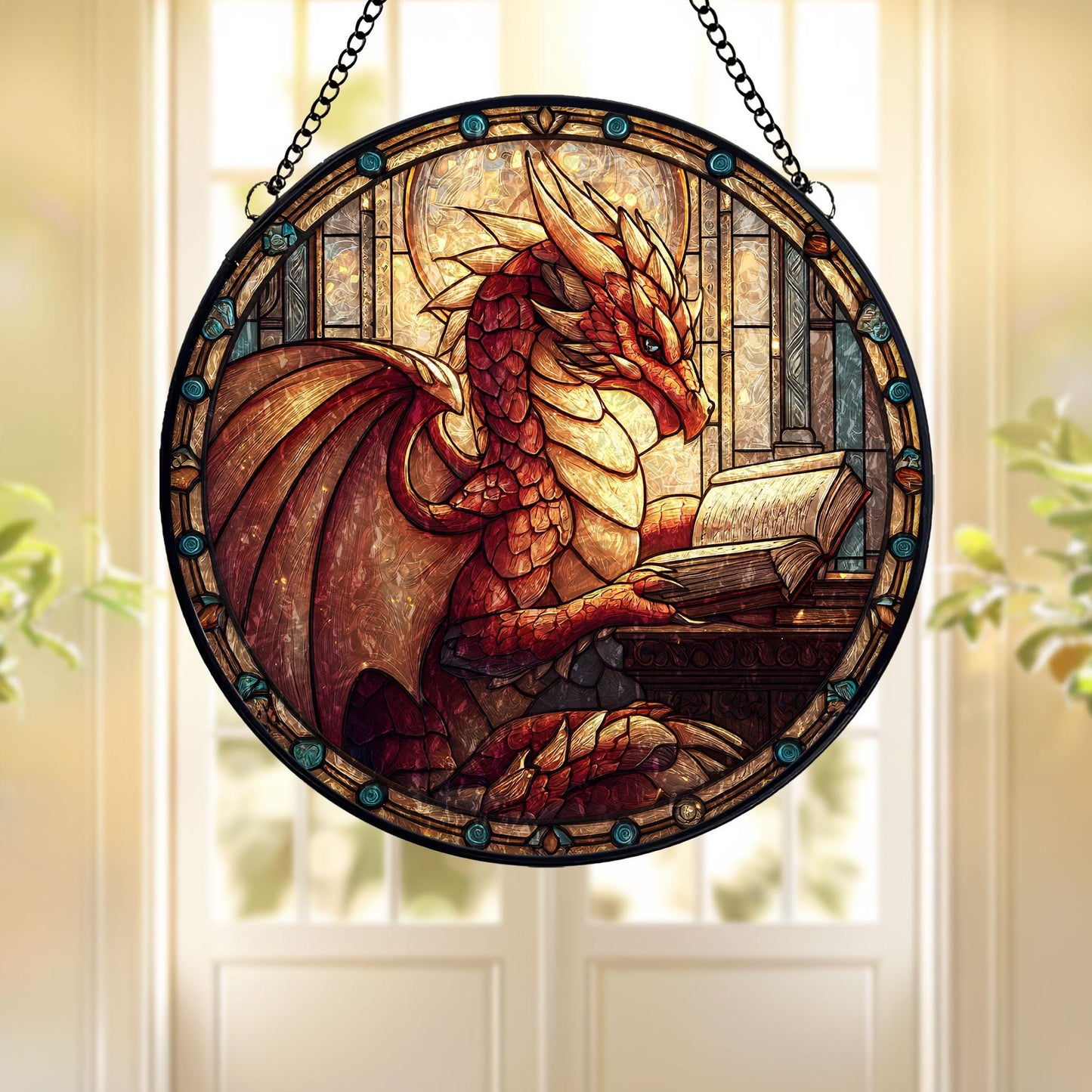 Stained Glass Dragon Suncatcher: Fantasy Window Hanging, Gift for Book Lover