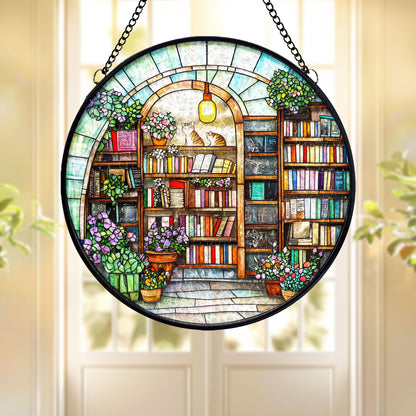 Stained Glass Bookstore Suncatcher: Cozy Bookshelf, Cats & Flowers