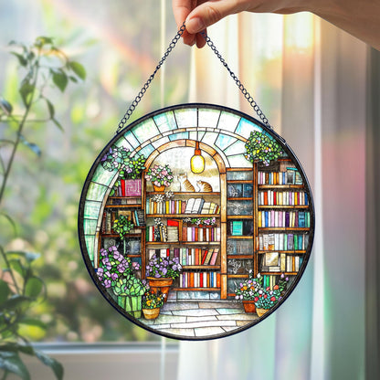 Stained Glass Bookstore Suncatcher: Cozy Bookshelf, Cats & Flowers