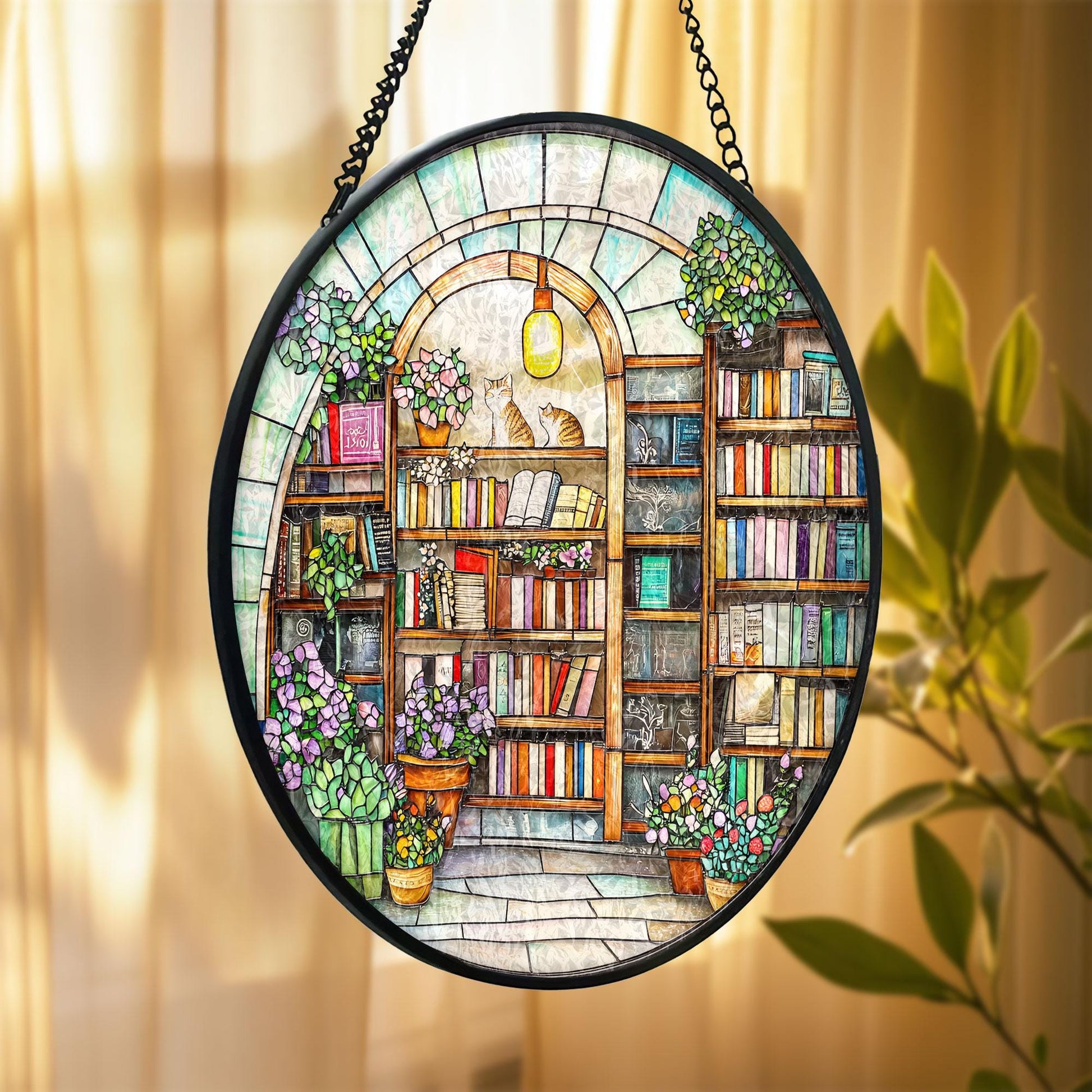 Stained Glass Bookstore Suncatcher: Cozy Bookshelf, Cats & Flowers