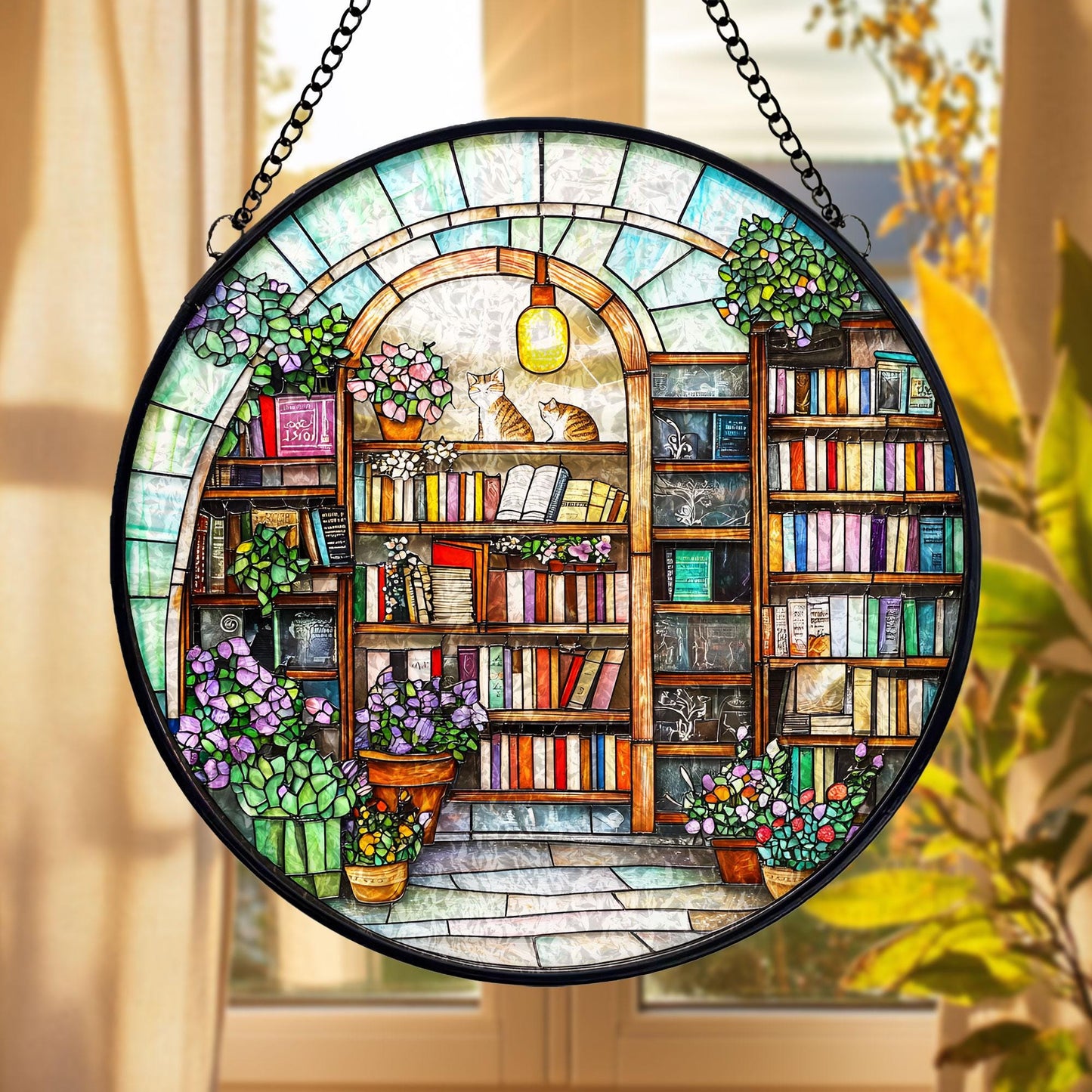 Stained Glass Bookstore Suncatcher: Cozy Bookshelf, Cats & Flowers