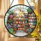 Stained Glass Bookstore Suncatcher: Cozy Bookshelf, Cats & Flowers