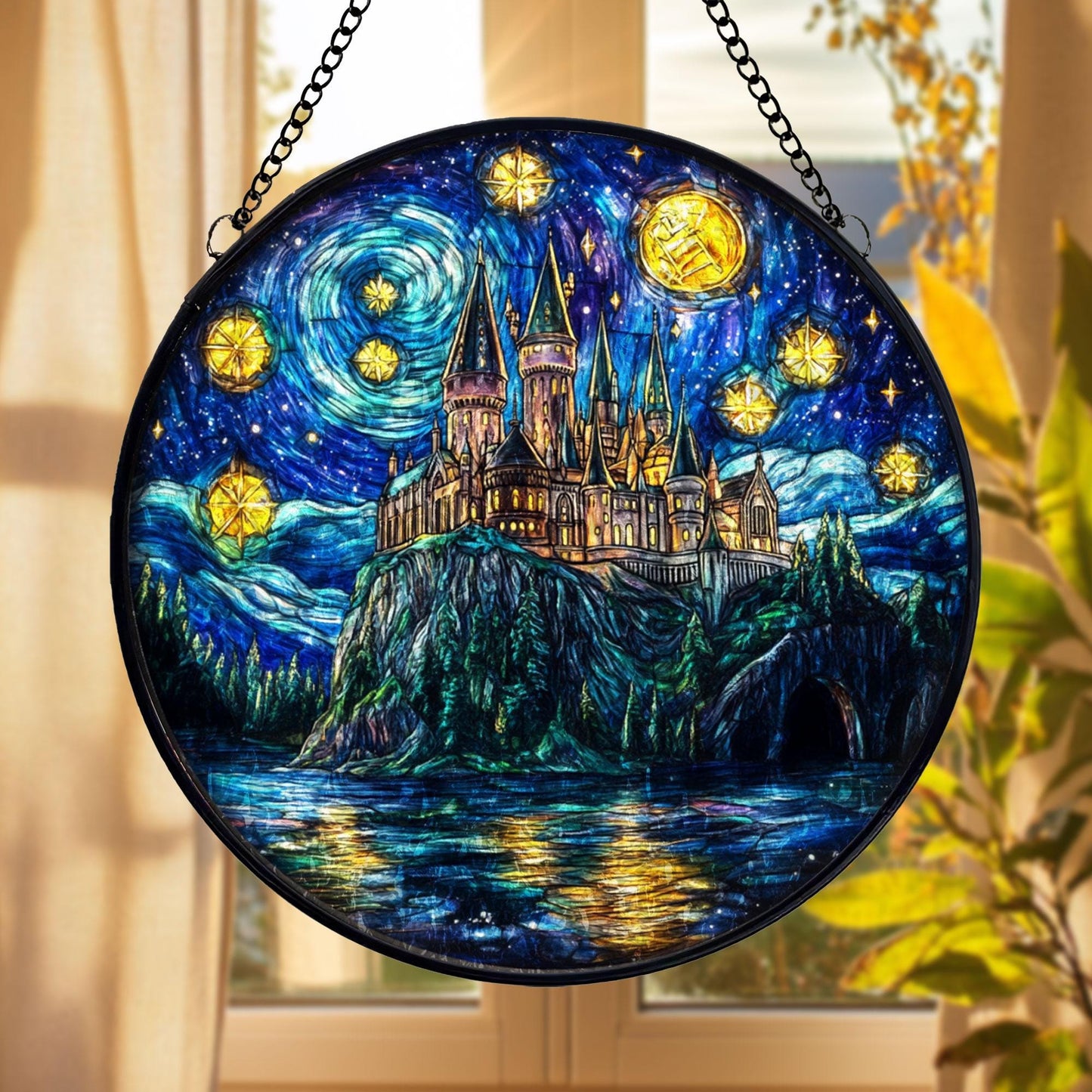 Stained Glass Castle Suncatcher: Gothic Fantasy Window Hanging