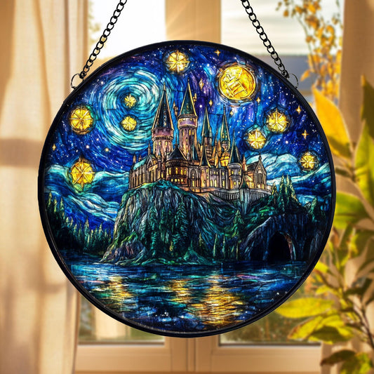 Stained Glass Castle Suncatcher: Gothic Fantasy Window Hanging