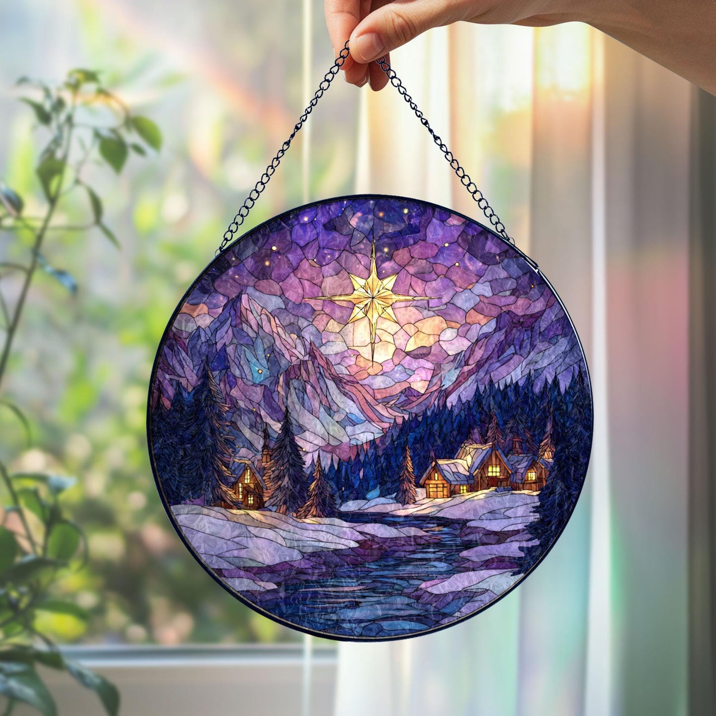Stained Glass Christmas Cabin Suncatcher: Winter Mountain Window Hanging