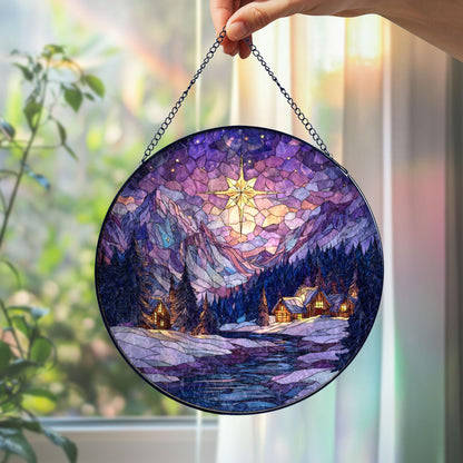 Stained Glass Christmas Cabin Suncatcher: Winter Mountain Window Hanging