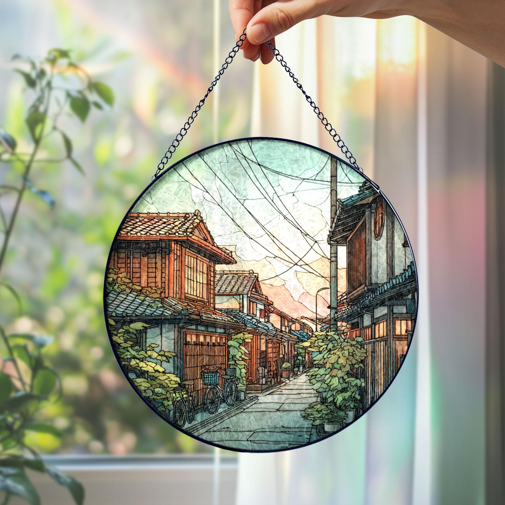 Stained Glass Japanese Street Suncatcher: Sunset Sky Wooden Houses