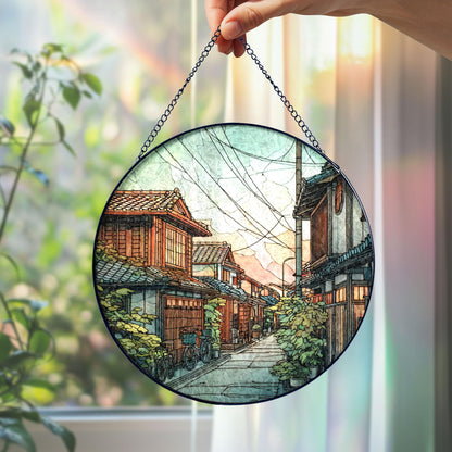 Stained Glass Japanese Street Suncatcher: Sunset Sky Wooden Houses
