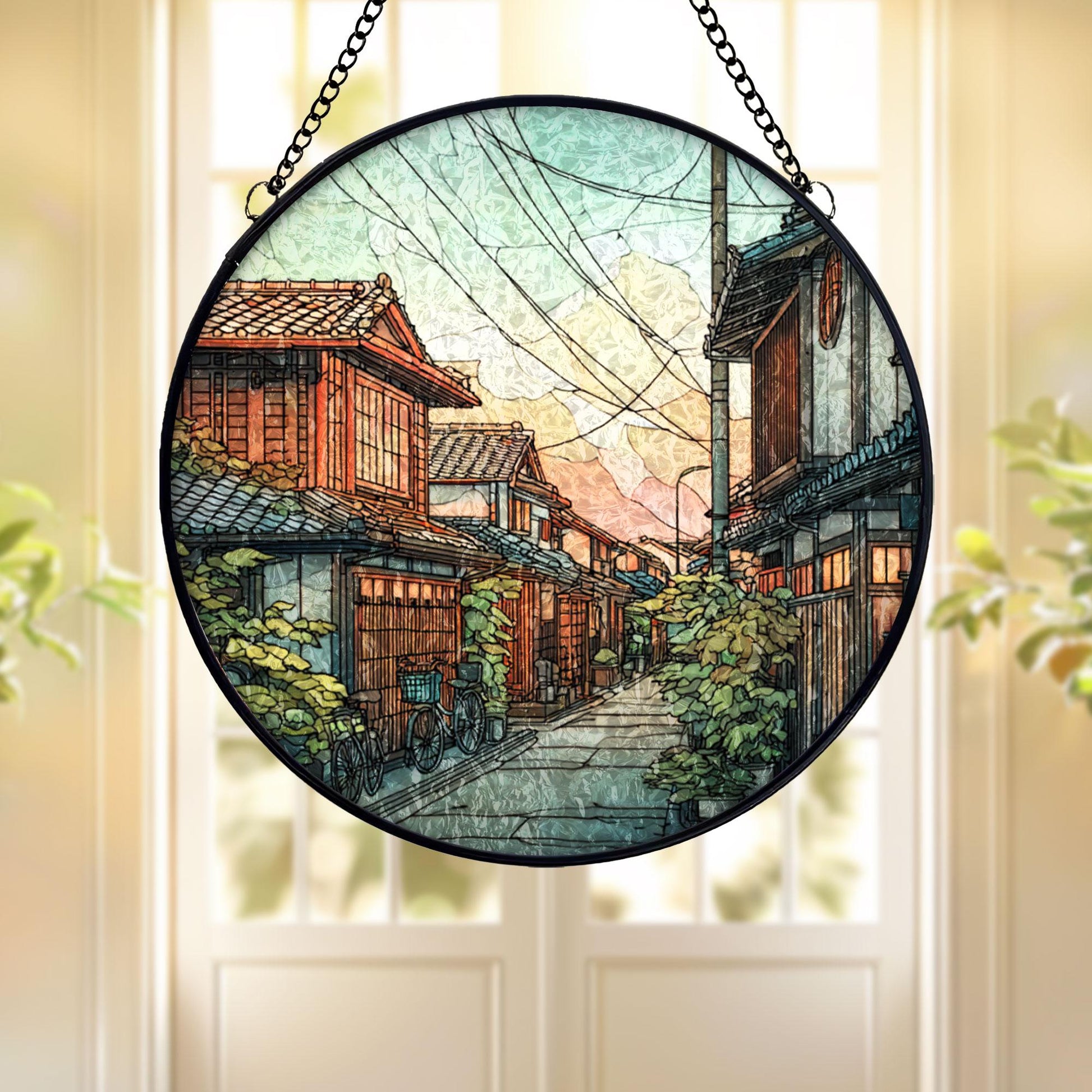 Stained Glass Japanese Street Suncatcher: Sunset Sky Wooden Houses