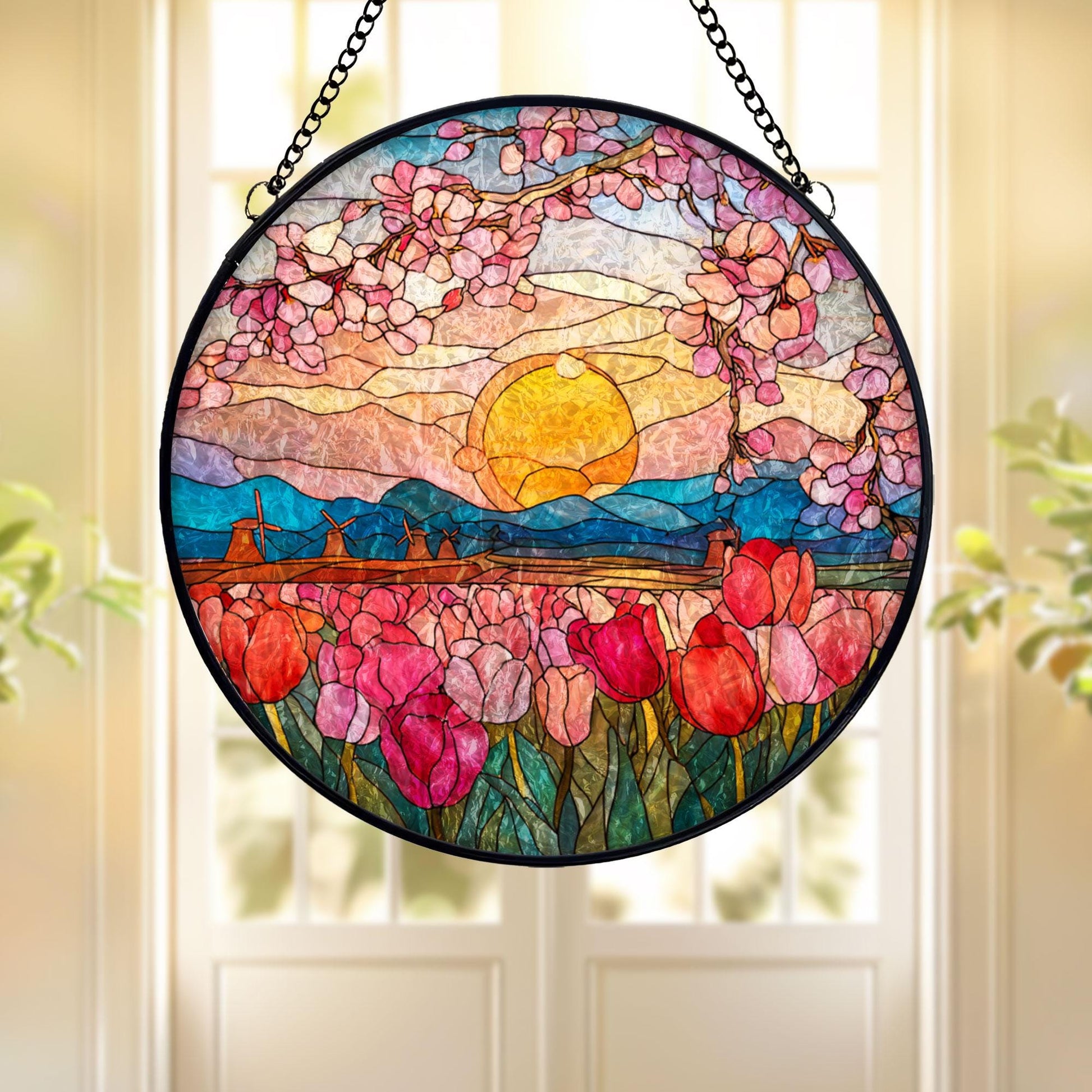 Stained Glass Suncatcher: Sunset Tulip Field, Windmill Landscape