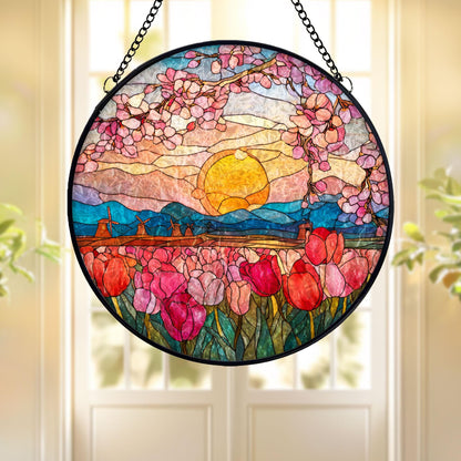 Stained Glass Suncatcher: Sunset Tulip Field, Windmill Landscape