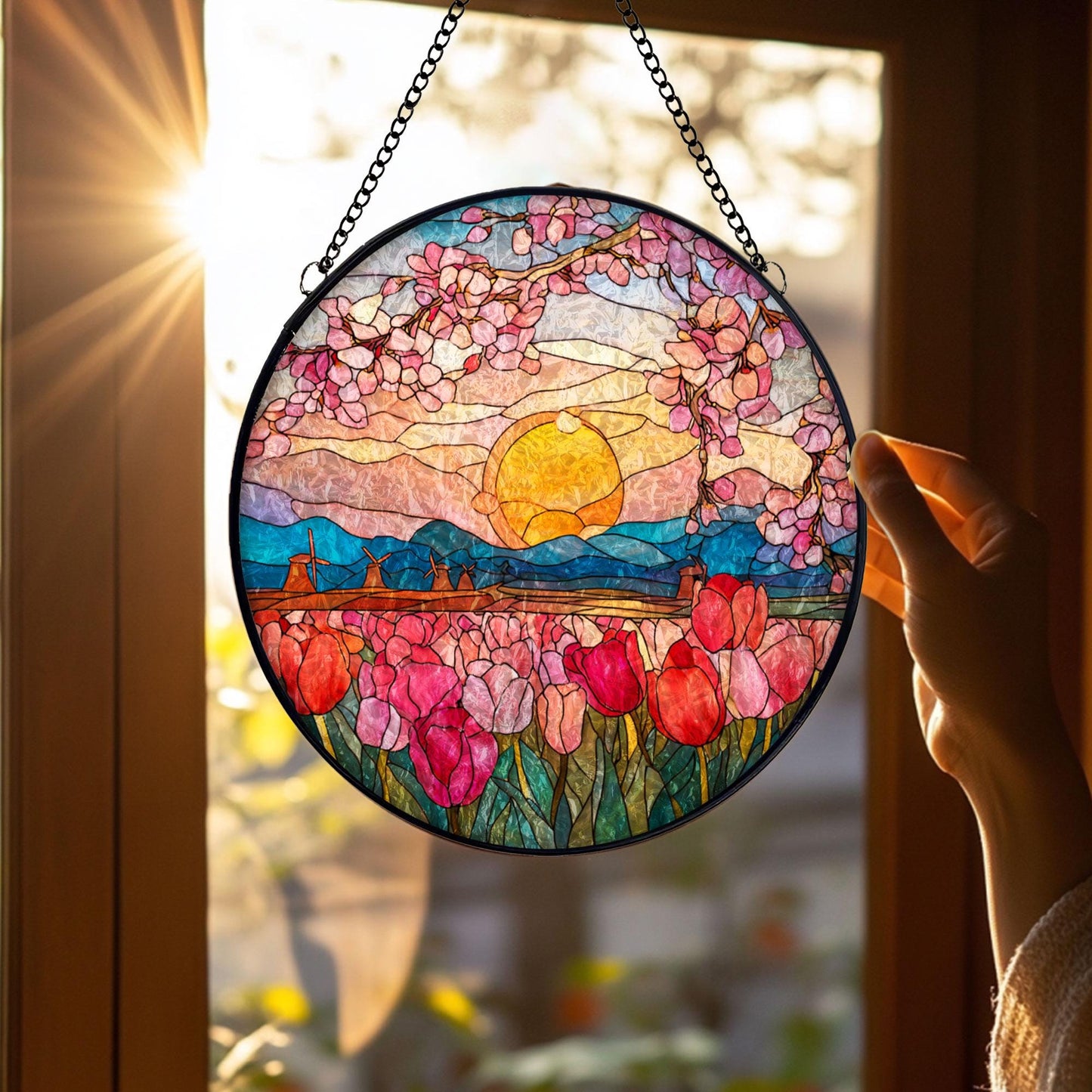 Stained Glass Suncatcher: Sunset Tulip Field, Windmill Landscape