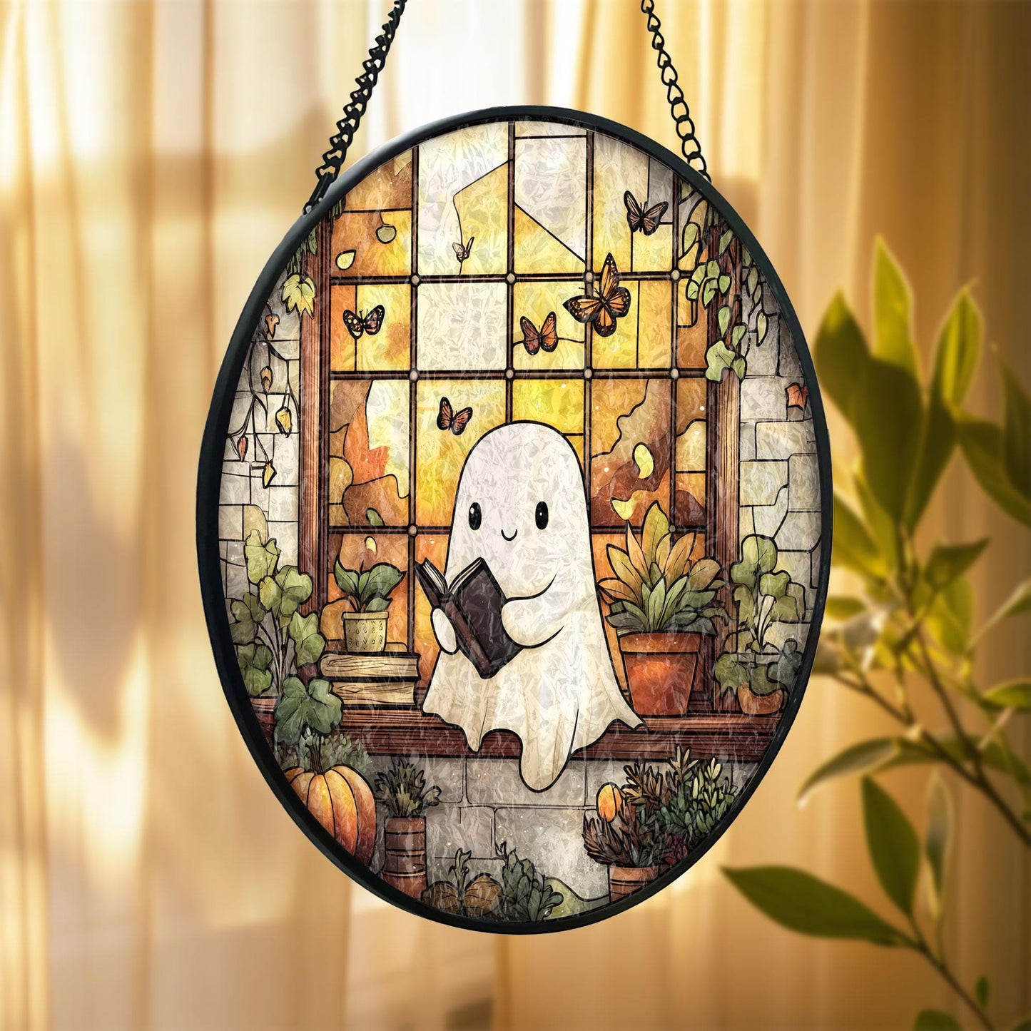 Cute Ghost Glass Suncatcher, Stained Glass Style Halloween Window Hanging with Books and Plants, Spooky Sun Catcher Ornament Gift