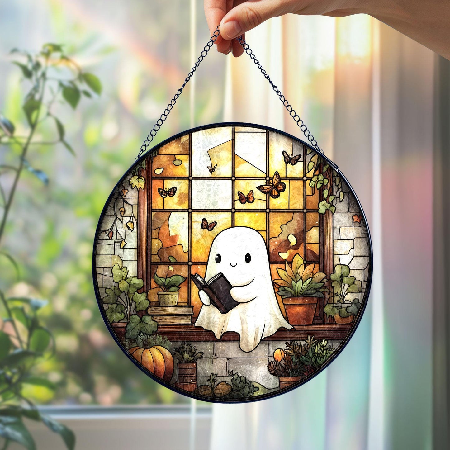 Cute Ghost Glass Suncatcher, Stained Glass Style Halloween Window Hanging with Books and Plants, Spooky Sun Catcher Ornament Gift