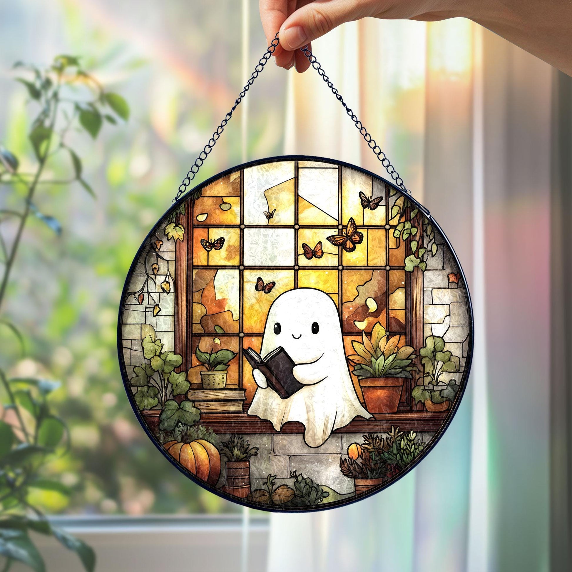Cute Ghost Glass Suncatcher, Stained Glass Style Halloween Window Hanging with Books and Plants, Spooky Sun Catcher Ornament Gift