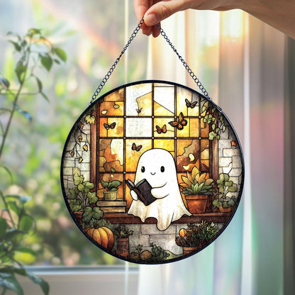 Cute Ghost Glass Suncatcher, Stained Glass Style Halloween Window Hanging with Books and Plants, Spooky Sun Catcher Ornament Gift