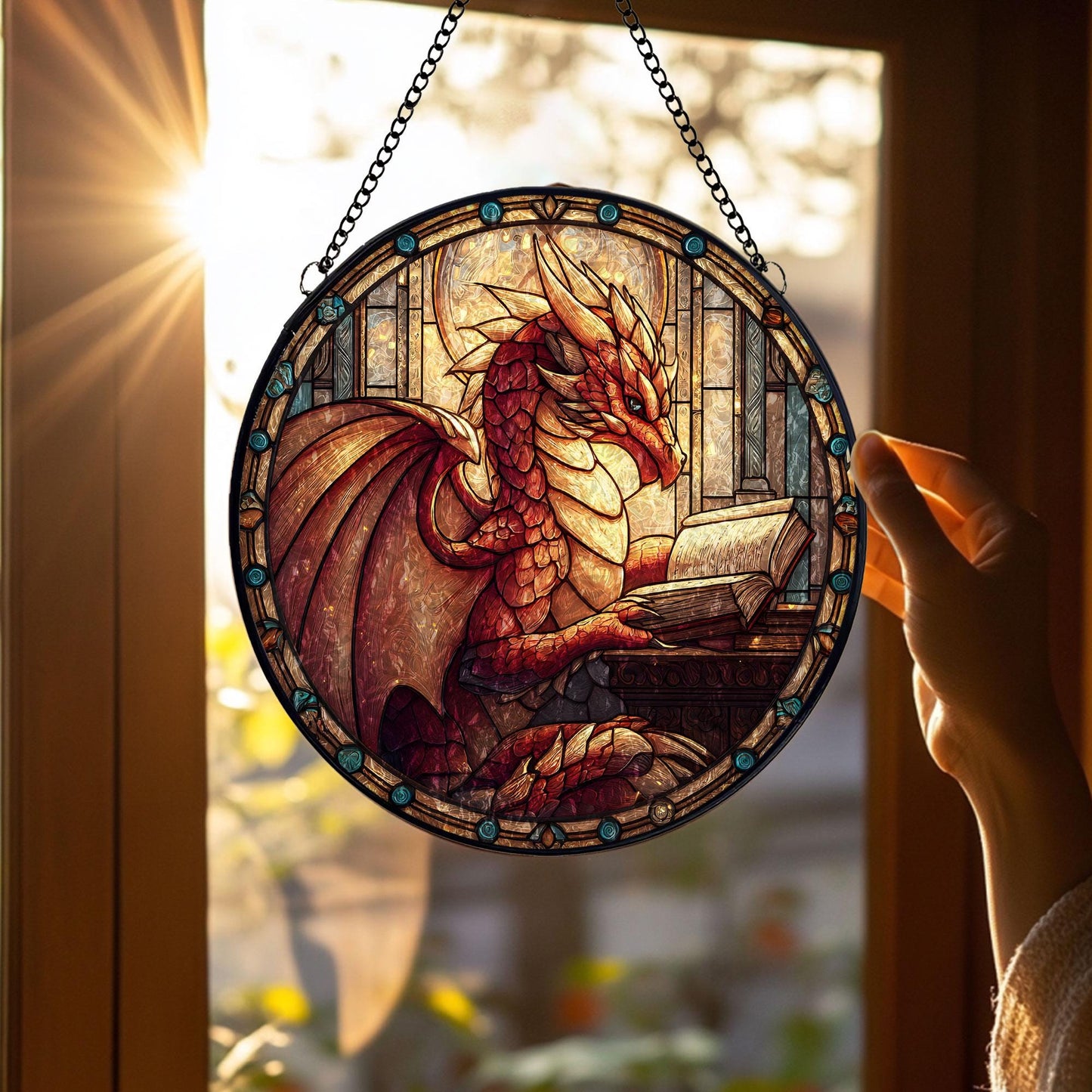 Stained Glass Dragon Suncatcher: Fantasy Window Hanging, Gift for Book Lover