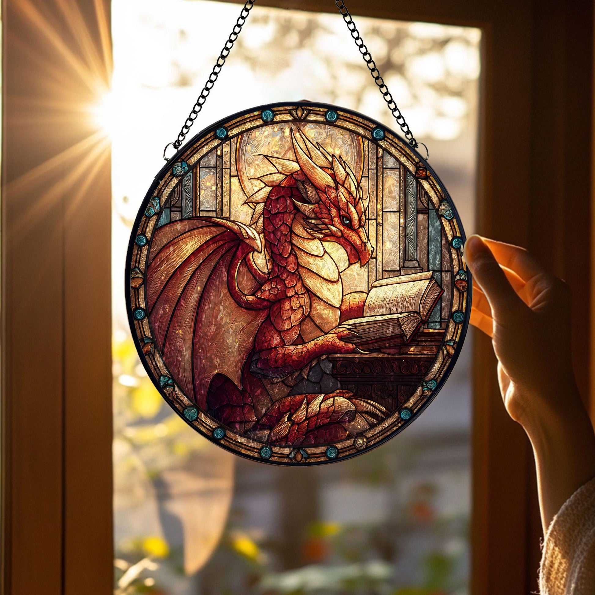 Stained Glass Dragon Suncatcher: Fantasy Window Hanging, Gift for Book Lover