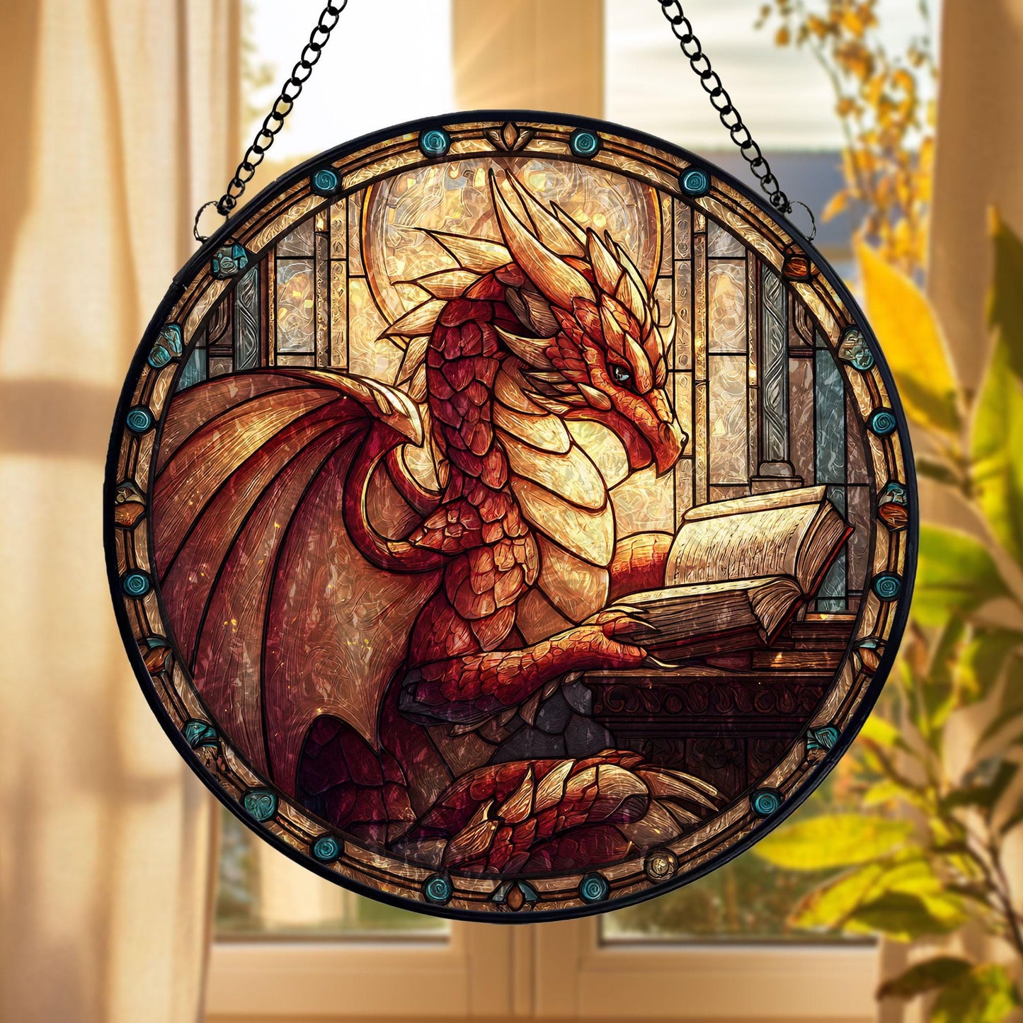 Stained Glass Dragon Suncatcher: Fantasy Window Hanging, Gift for Book Lover