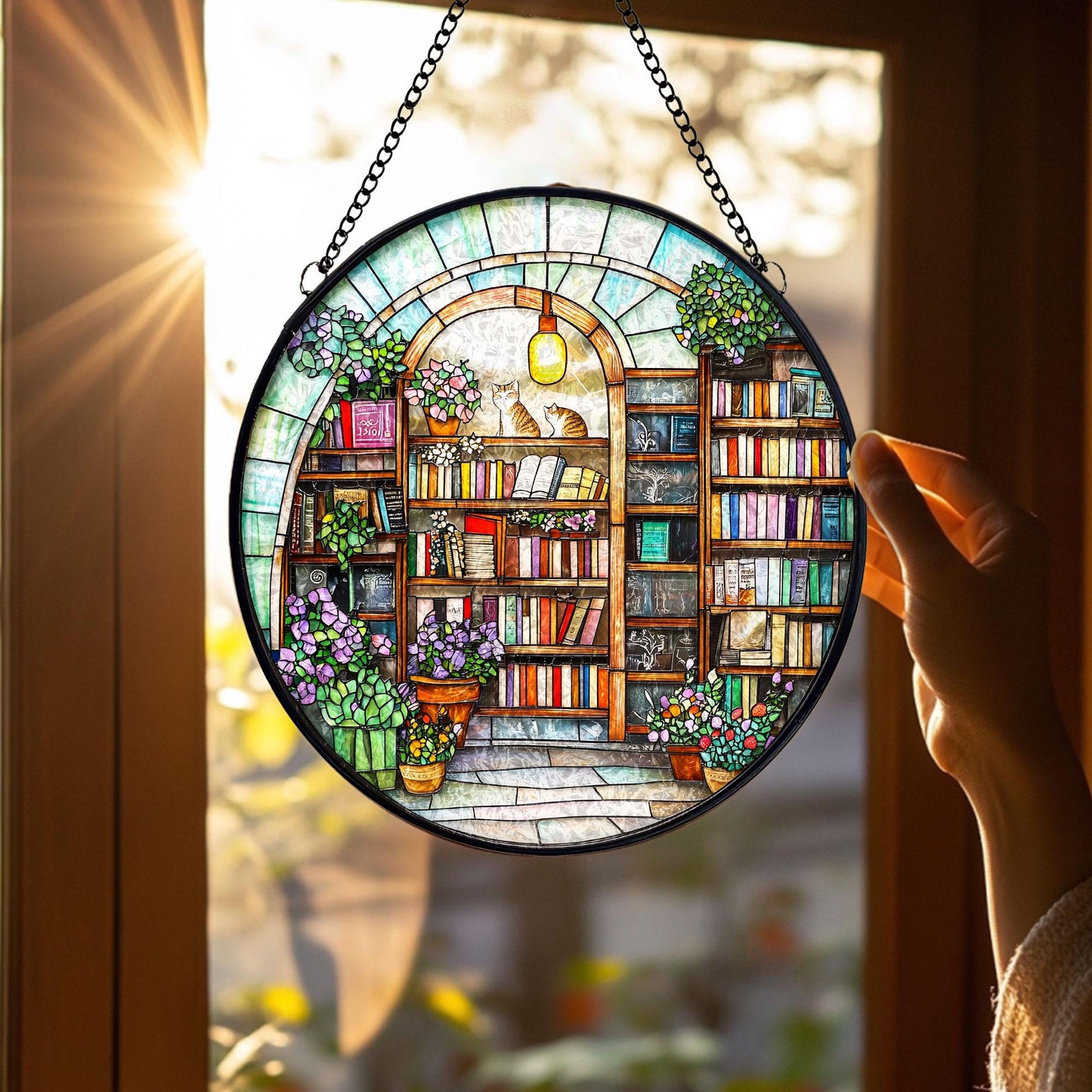 Stained Glass Bookstore Suncatcher: Cozy Bookshelf, Cats & Flowers