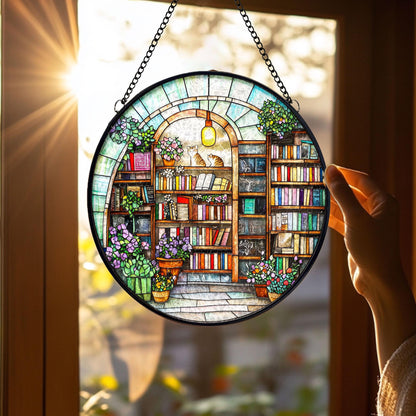 Stained Glass Bookstore Suncatcher: Cozy Bookshelf, Cats & Flowers