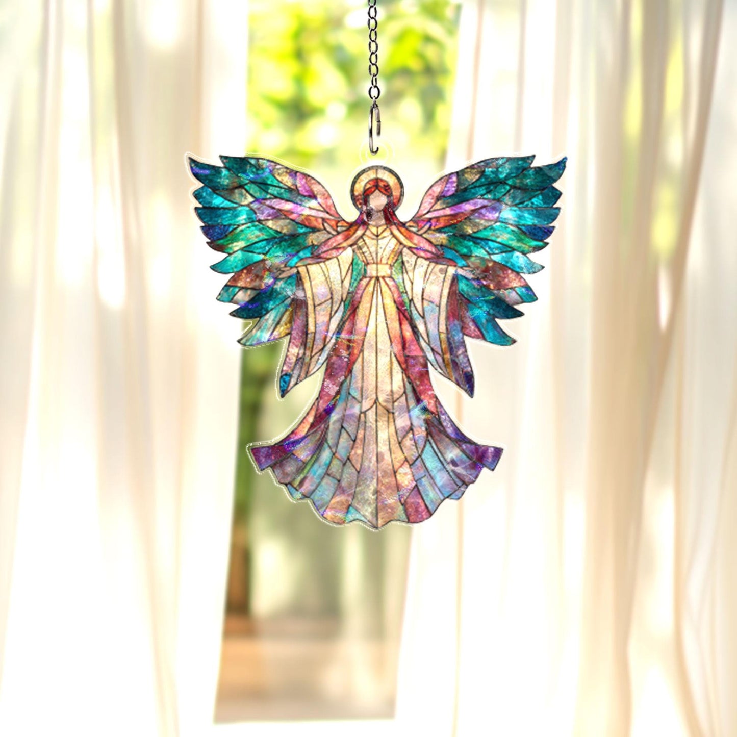 Angel Acrylic Suncatcher, Stained Glass Style Window Hanging Ornament, Spiritual Guardian Angel Decor Gift For Christmas And Home Blessing