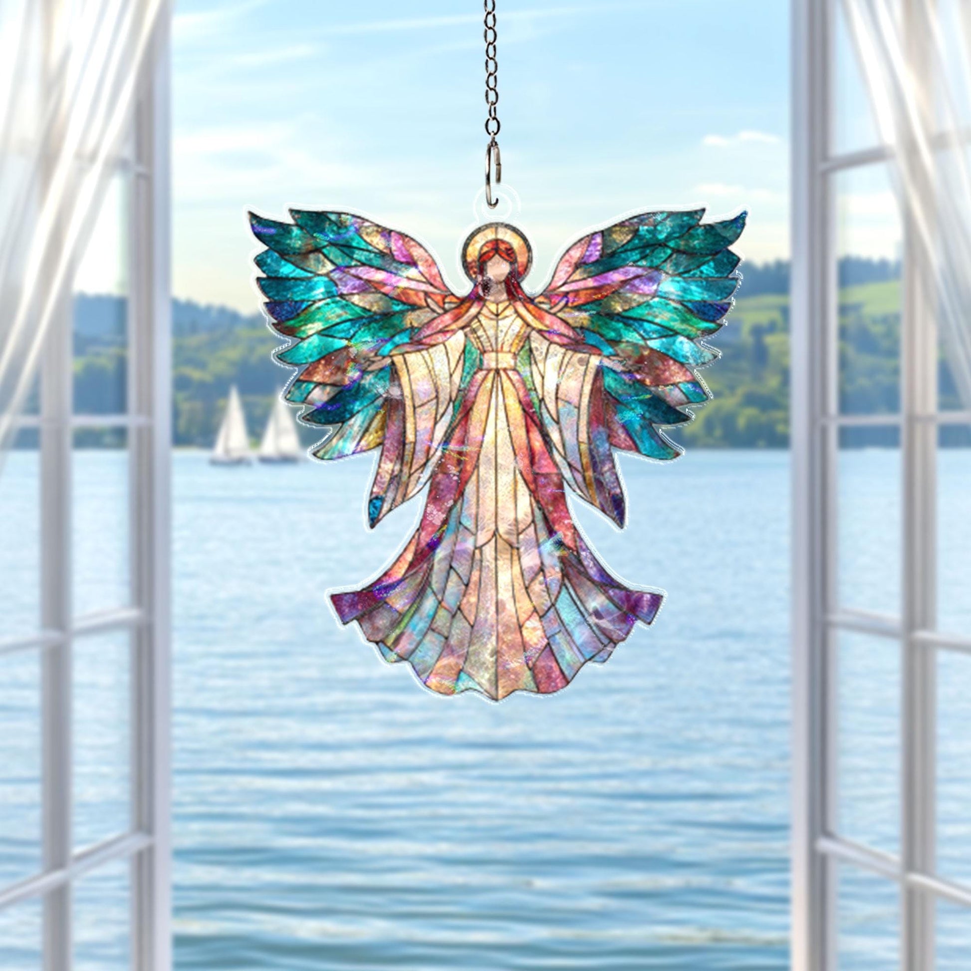 Angel Acrylic Suncatcher, Stained Glass Style Window Hanging Ornament, Spiritual Guardian Angel Decor Gift For Christmas And Home Blessing
