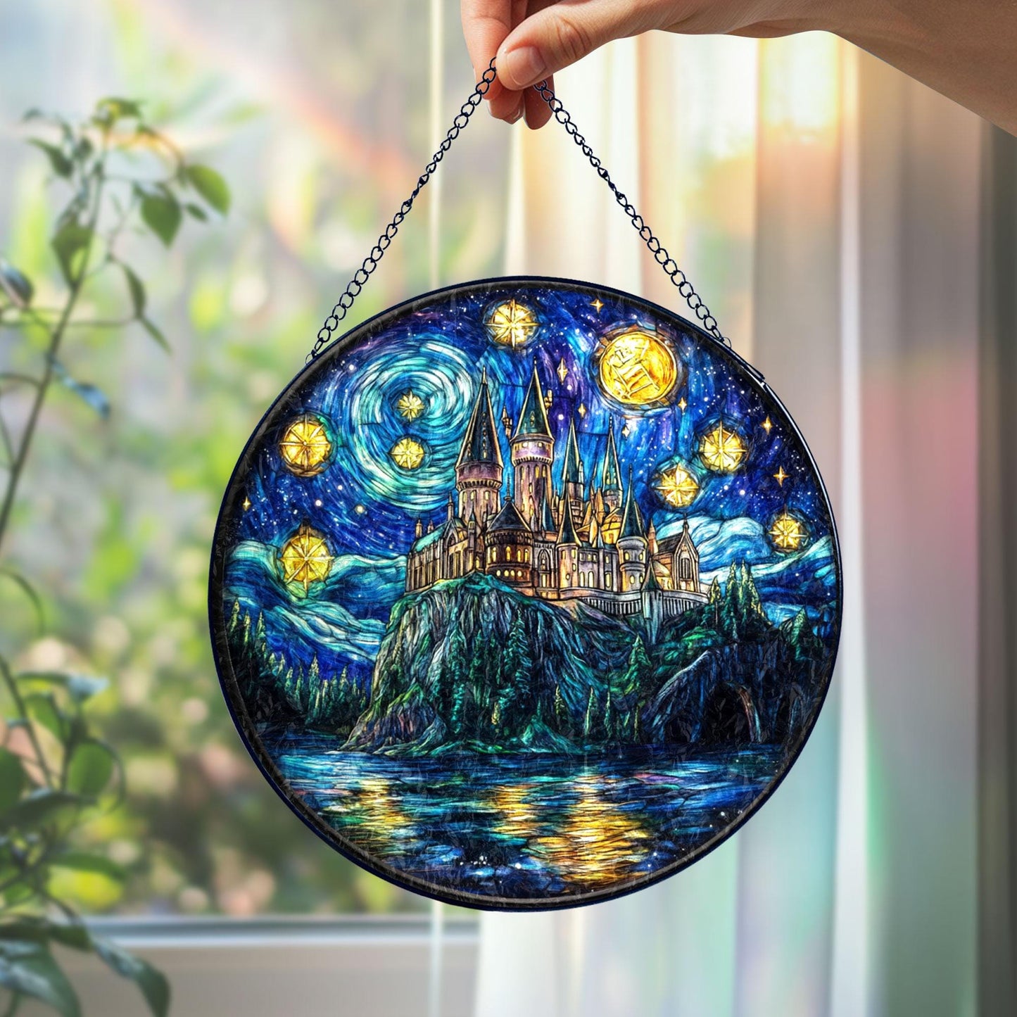 Stained Glass Castle Suncatcher: Gothic Fantasy Window Hanging