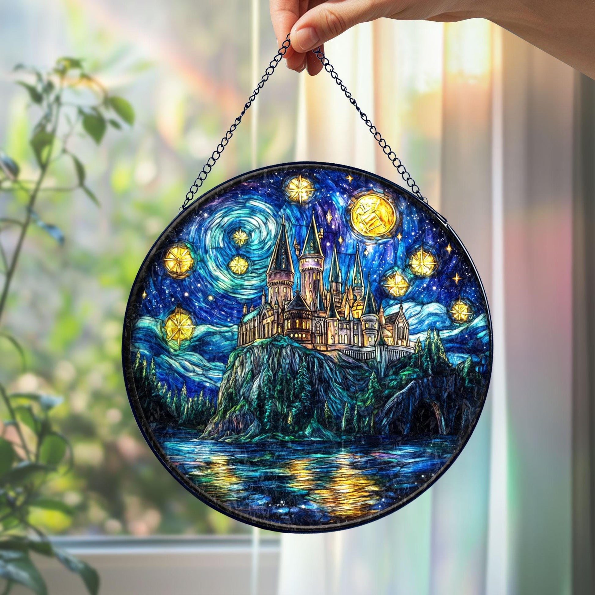 Stained Glass Castle Suncatcher: Gothic Fantasy Window Hanging