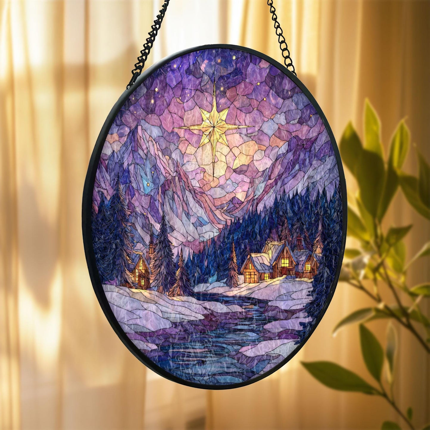 Stained Glass Christmas Cabin Suncatcher: Winter Mountain Window Hanging