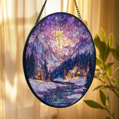 Stained Glass Christmas Cabin Suncatcher: Winter Mountain Window Hanging