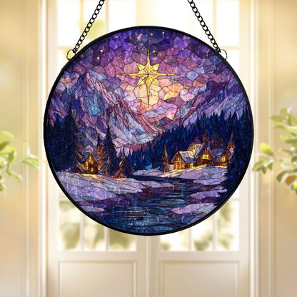 Stained Glass Christmas Cabin Suncatcher: Winter Mountain Window Hanging