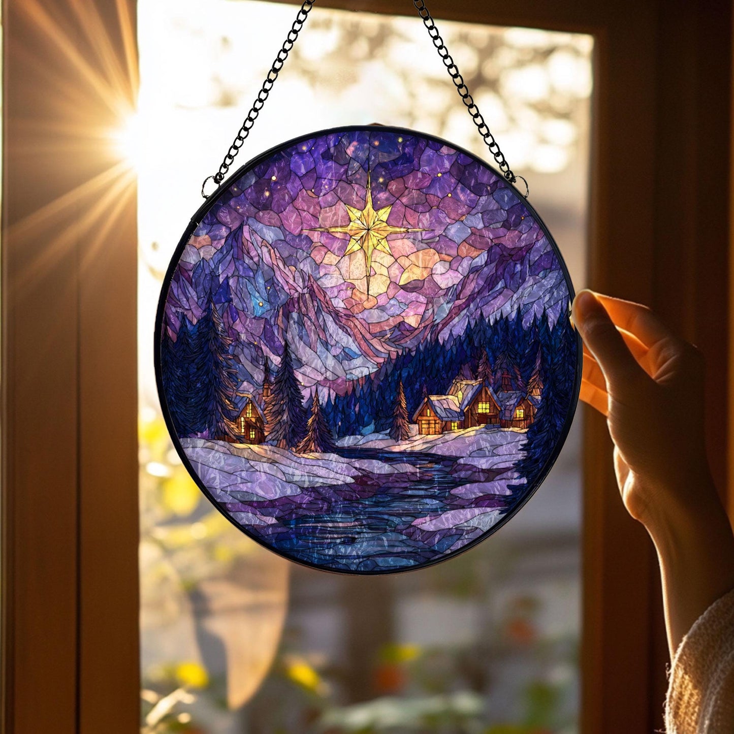 Stained Glass Christmas Cabin Suncatcher: Winter Mountain Window Hanging