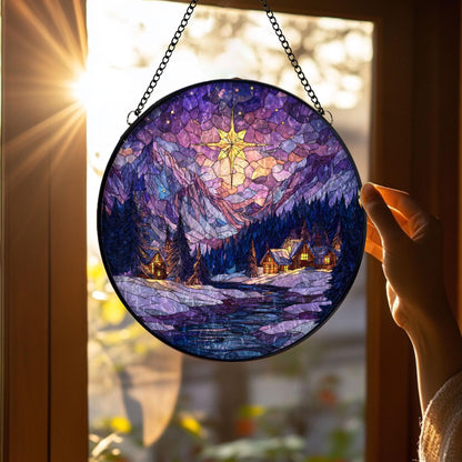 Stained Glass Christmas Cabin Suncatcher: Winter Mountain Window Hanging