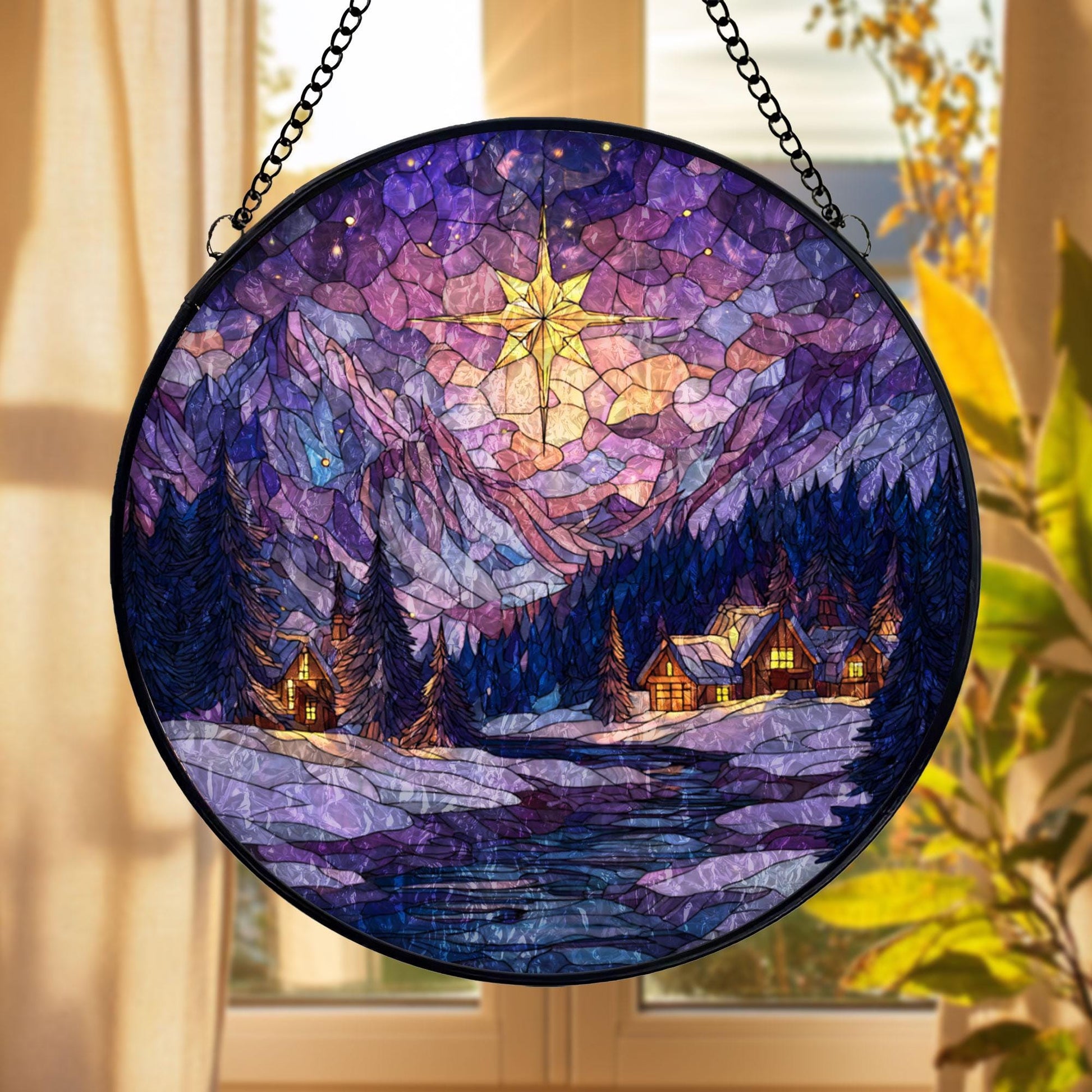 Stained Glass Christmas Cabin Suncatcher: Winter Mountain Window Hanging