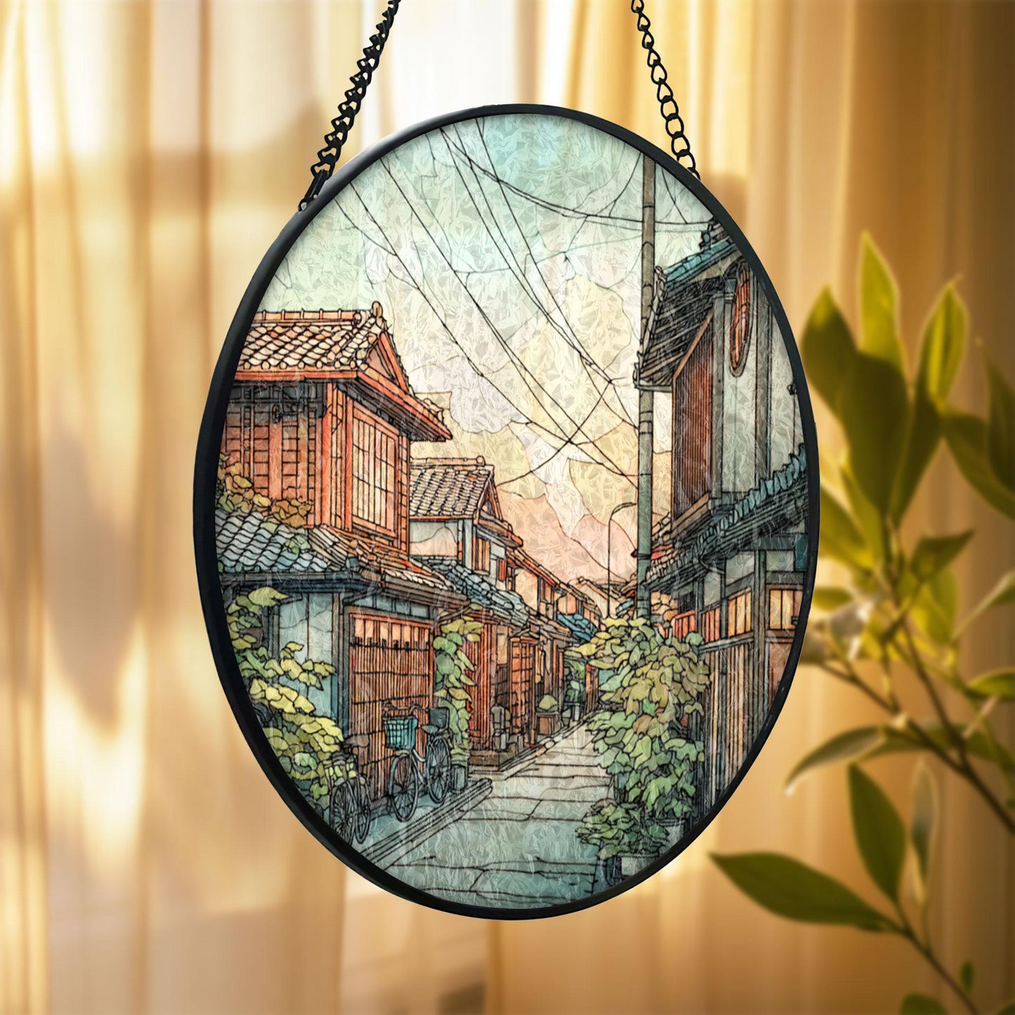 Stained Glass Japanese Street Suncatcher: Sunset Sky Wooden Houses