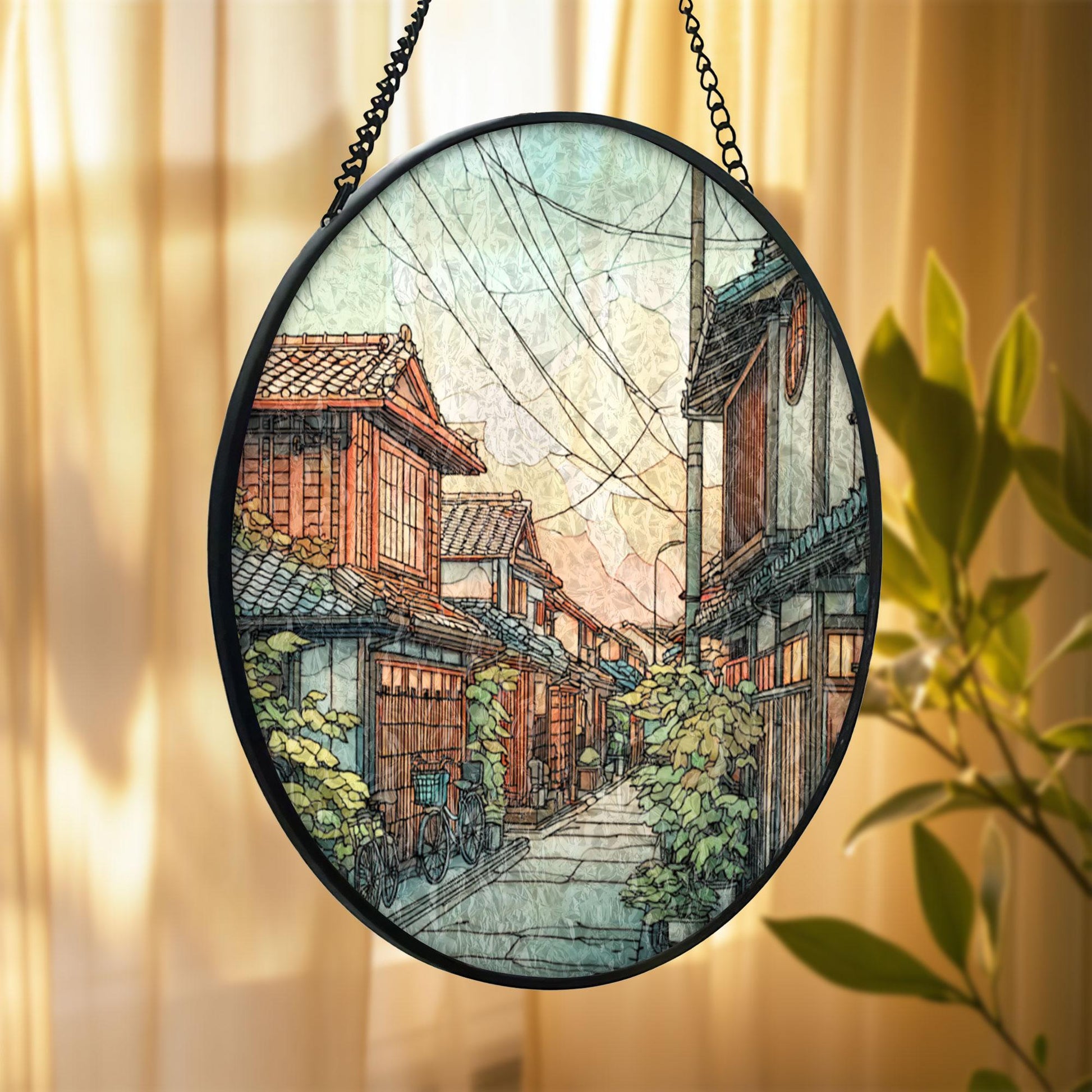 Stained Glass Japanese Street Suncatcher: Sunset Sky Wooden Houses