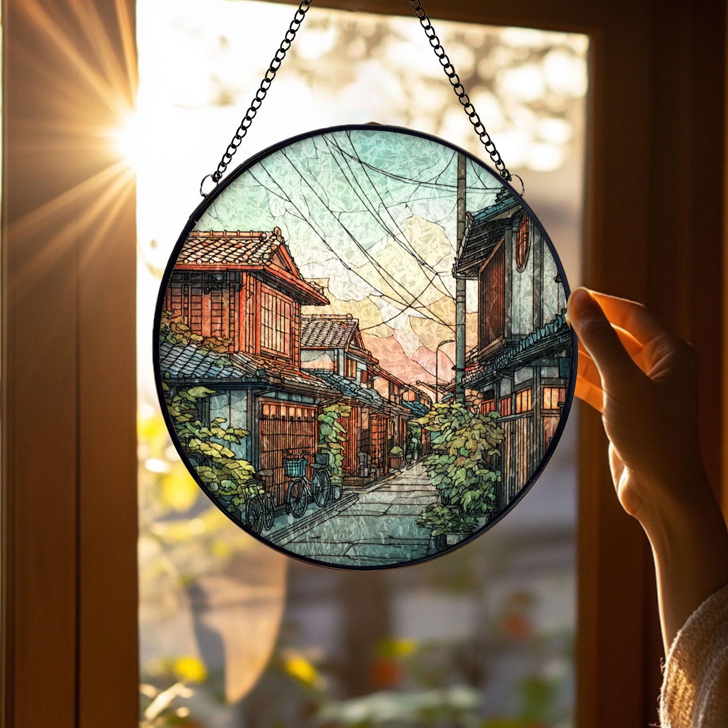 Stained Glass Japanese Street Suncatcher: Sunset Sky Wooden Houses