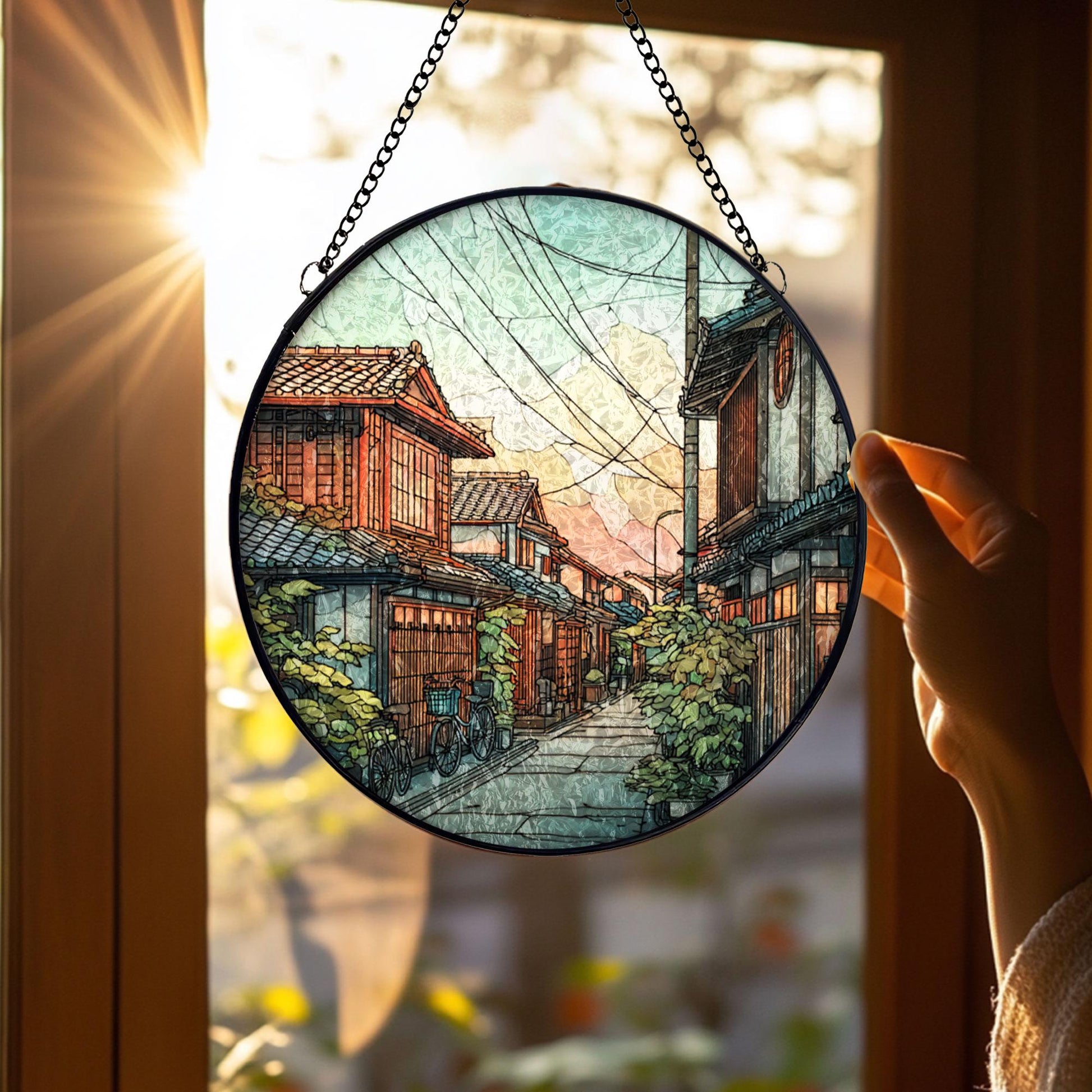 Stained Glass Japanese Street Suncatcher: Sunset Sky Wooden Houses