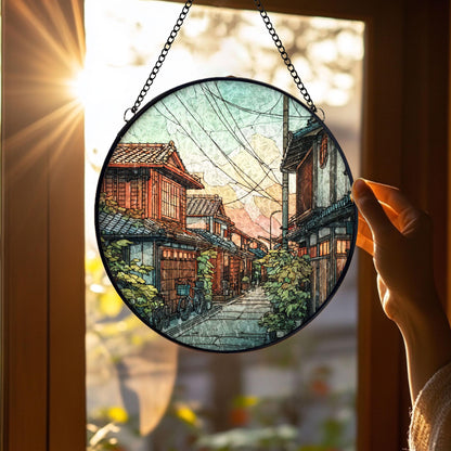 Stained Glass Japanese Street Suncatcher: Sunset Sky Wooden Houses