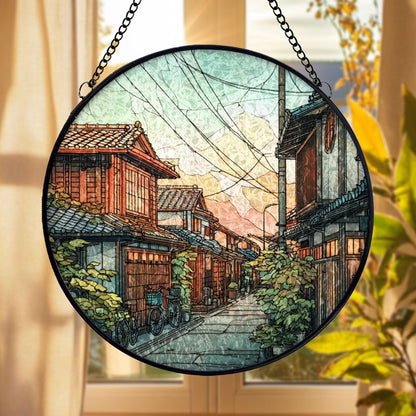 Stained Glass Japanese Street Suncatcher: Sunset Sky Wooden Houses