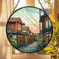 Stained Glass Japanese Street Suncatcher: Sunset Sky Wooden Houses