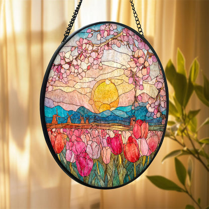 Stained Glass Suncatcher: Sunset Tulip Field, Windmill Landscape