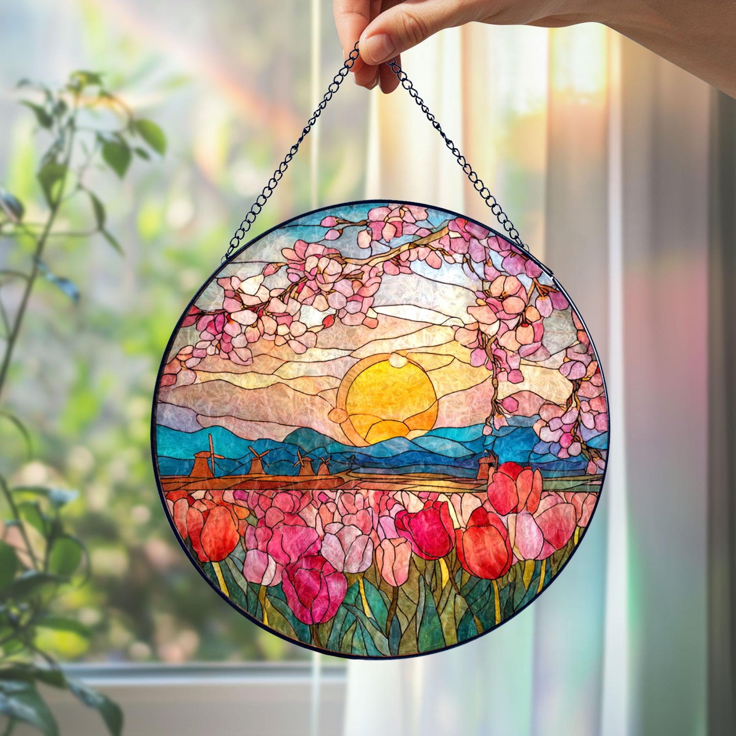 Stained Glass Suncatcher: Sunset Tulip Field, Windmill Landscape