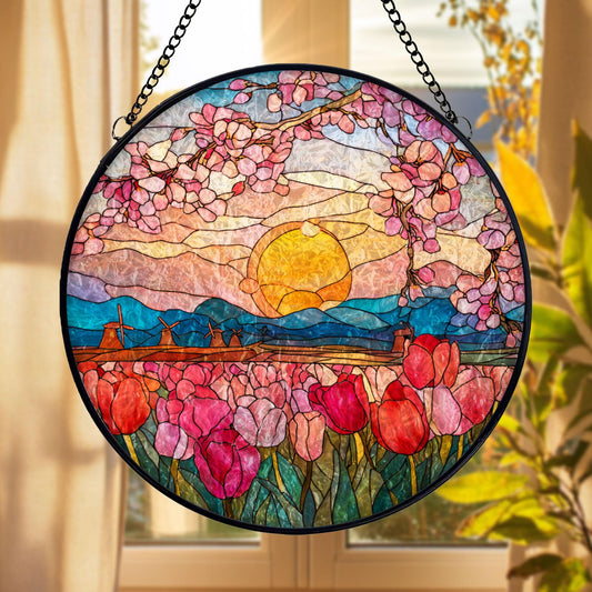 Stained Glass Suncatcher: Sunset Tulip Field, Windmill Landscape