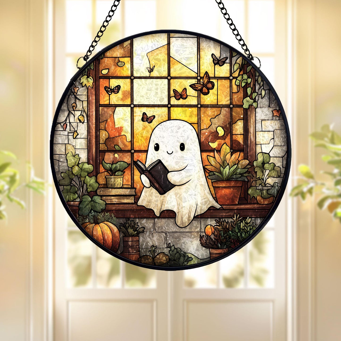 Cute Ghost Glass Suncatcher, Stained Glass Style Halloween Window Hanging with Books and Plants, Spooky Sun Catcher Ornament Gift