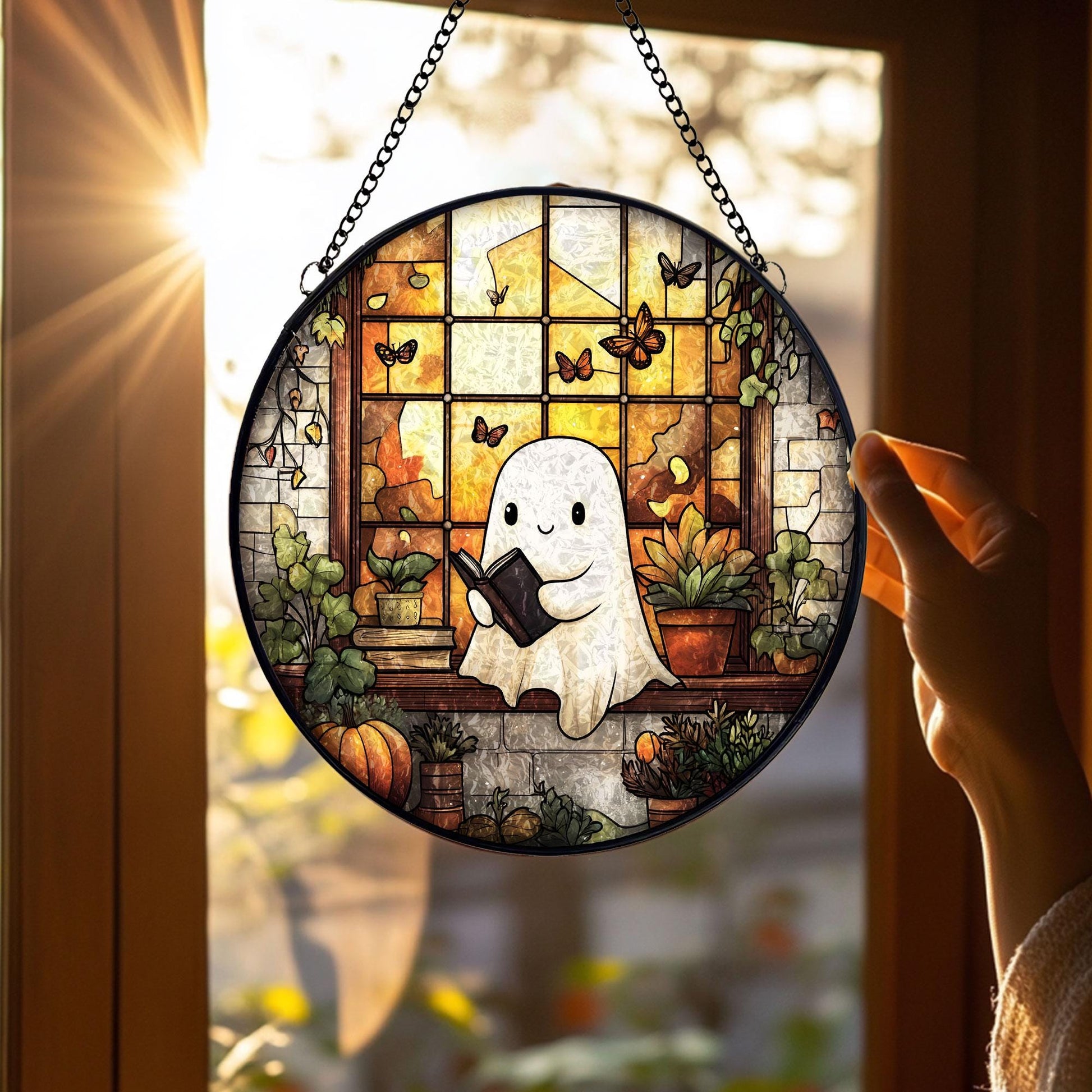 Cute Ghost Glass Suncatcher, Stained Glass Style Halloween Window Hanging with Books and Plants, Spooky Sun Catcher Ornament Gift