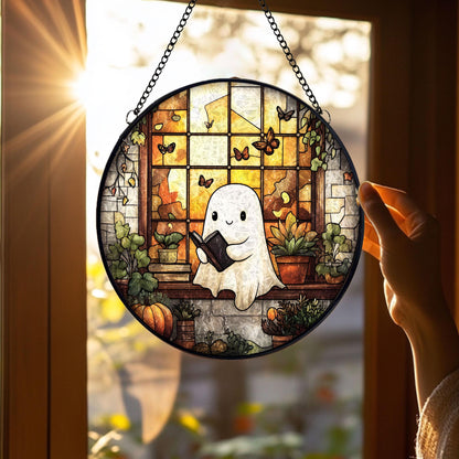 Cute Ghost Glass Suncatcher, Stained Glass Style Halloween Window Hanging with Books and Plants, Spooky Sun Catcher Ornament Gift