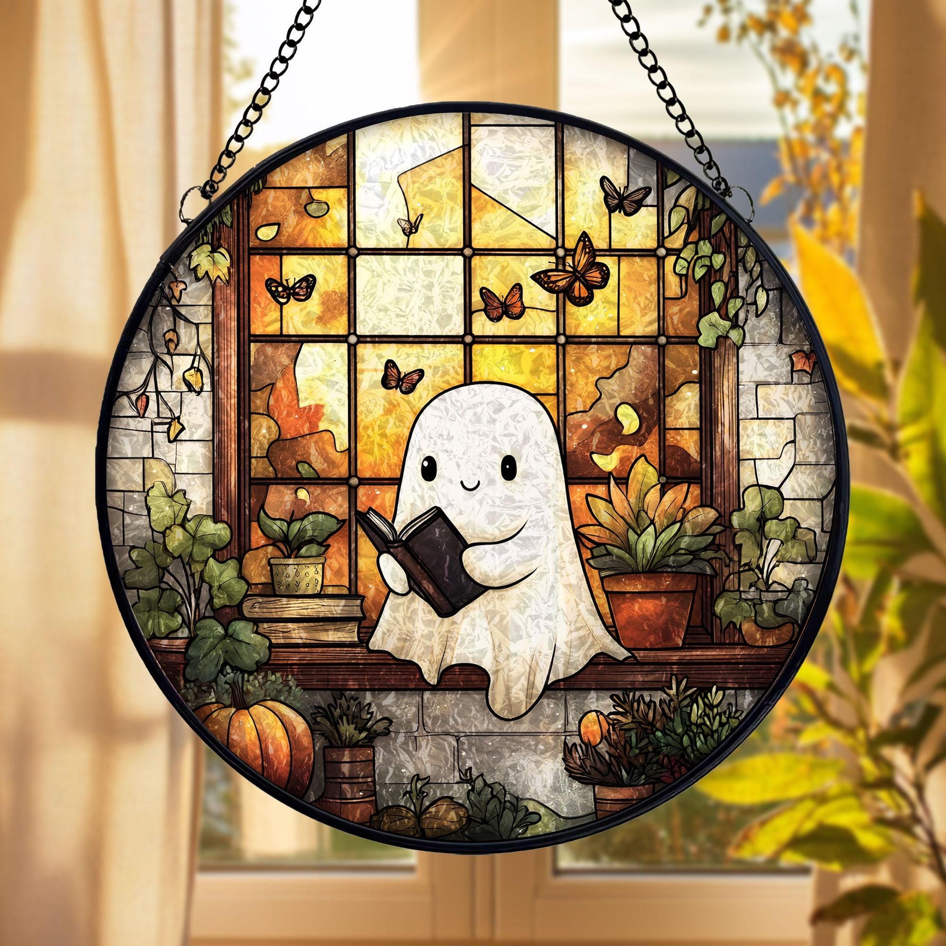 Cute Ghost Glass Suncatcher, Stained Glass Style Halloween Window Hanging with Books and Plants, Spooky Sun Catcher Ornament Gift